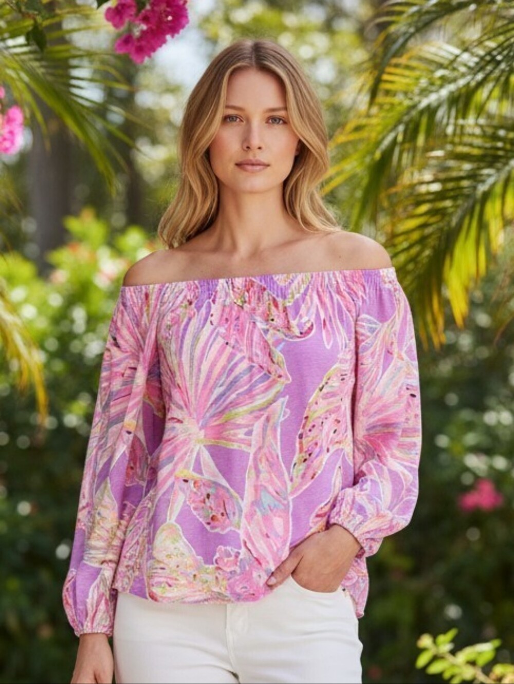 Lilly Pulitzer Enna Knit Off-Shoulder Pink Floral Women's Top Sz XL WT136